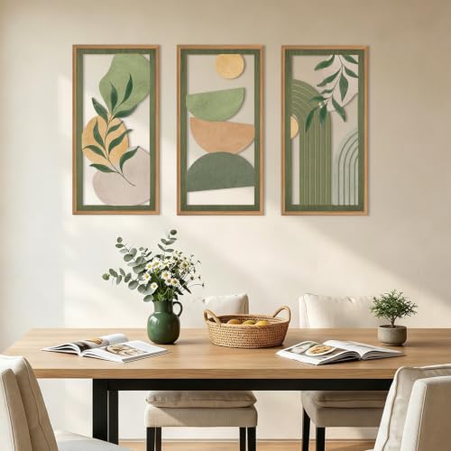 Boho Sage Green Wood Wall Art Framed 12X24 Inch Mid Century Minimalist Botanical Artwork Abstract Geometric Line Wall Decor for Living room Bedroom Set of 3