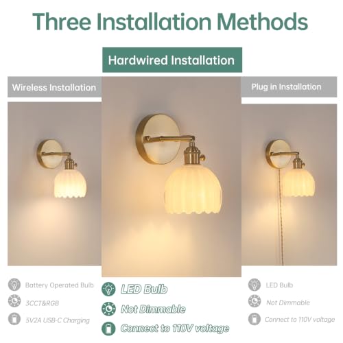 Vintage Wall Sconces with White Tulip Glass Lampshade 180 Degree Adjustable Brass Sconces Hradwired Modern Wall Lighting Fixture with Switch for Bedside Bedroom Doorway