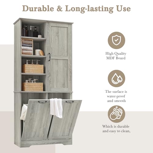 68" Tall Bathroom Storage Cabinet with One Door and Two Laundry Hampers for Home Display Organizer