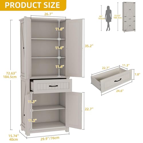72" Kitchen Storage Cabinet with Drawer and Adjustable Shelves