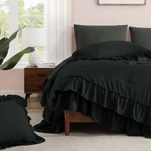 King Size Comforter Set Black Ruffle 7 Pieces Farmhouse Bed in a Bag