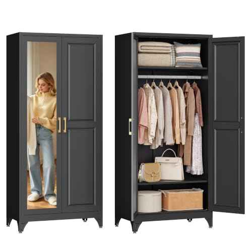 71" Tall Wardrobe Closet with Mirror and Doors