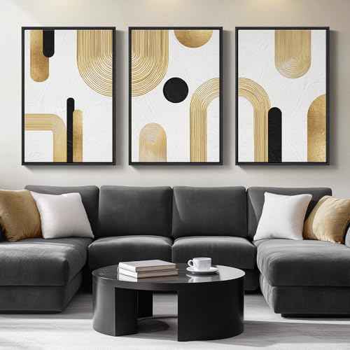 Large Framed Gold Abstract Geometric Wall Art for LIving Room (3 Count)