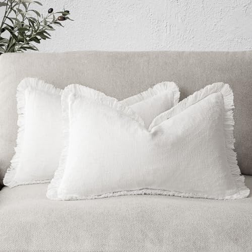 Decorative Linen Fringe Lumbar Throw Pillow Covers 12×24 White (2 Count)