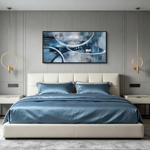 Blue Abstract Wall Art Modern Neutral Fluid Painting with Thin Black Frame