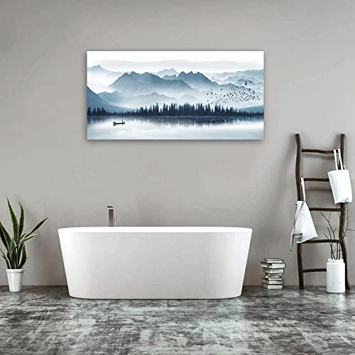 Indigo Canvas Wall Art Misty Mountain Wall Pictures Foggy Lake Boat Painting Prints Forest Birds Artwork Wall Decor for Living Room Wall Decorations Framed Ready to Hang 24" x 48"