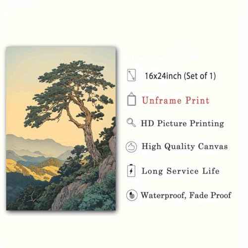 Mountain Landscape Painting Pine Tree Canvas Chinese Style Painting Forest Tree Wall Art Retro Nature Posters Green Plants Paintings Modern Abstract Picture Landscape Room Decor 16x24inch No Frame