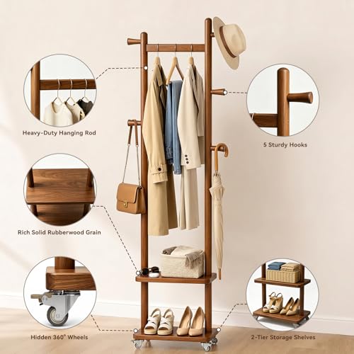 Small Clothes Rack Solid Wood Coat Rack Freestanding with Wheels