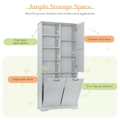 68" Tall Bathroom Storage Cabinet with One Door and Two Laundry Hampers for Home Display Organizer