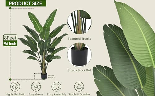 Artificial Bird of Paradise Tree 8FT 17 Thick Matte Texture Leaves Tall Large Fake Faux Tropical Traveler's Palm Banana Leaf Plant 96 Inch Black Pot for Indoor Home Office Poolside Decor
