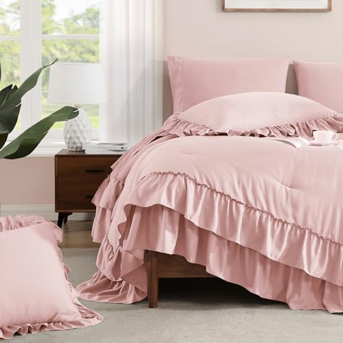 King Size Comforter Set Soft Pink Ruffle 7 Pieces Farmhouse Bed in a Bag