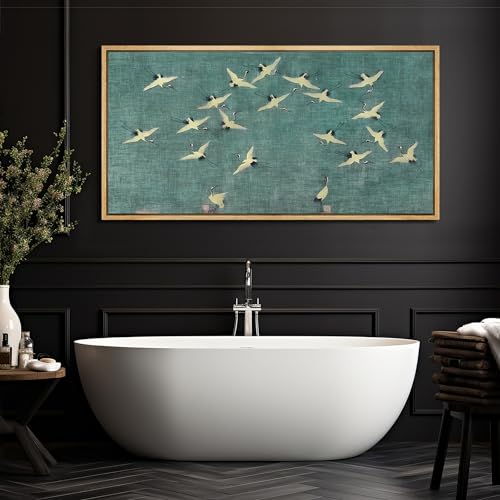 Extra Large Framed Canvas Print Wall Art Serene Skies White Birds in Flight on Teal Antique Retro Fine Art Illustrations Decorative Colorful for Bedroom