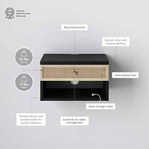 Jackson Wall Mounted Rattan Floating Bedroom Nightstand with Storage Drawer and Modern Open Shelf Cubby