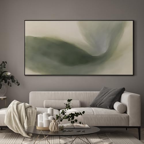 24"x46" Extra Large Framed Wall Art Abstract Green Swirl Soft Fluid Modern Illustration for Home Living Room Bedroom Decor