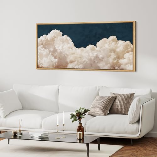 Extra Large Framed Canvas Print Wall Art Cumulus Clouds Panoramic Dramatic Skyline Illustrations Antique Retro Fine Art Illustrations Decorative Colorful for Bedroom