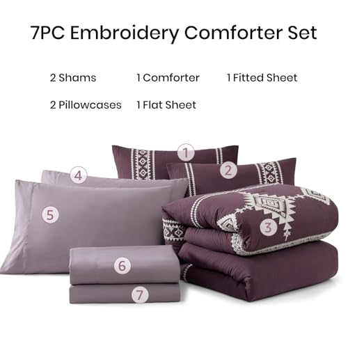 Embroidery Full Size Comforter Set 7 Pieces Purple Bed in a Bag