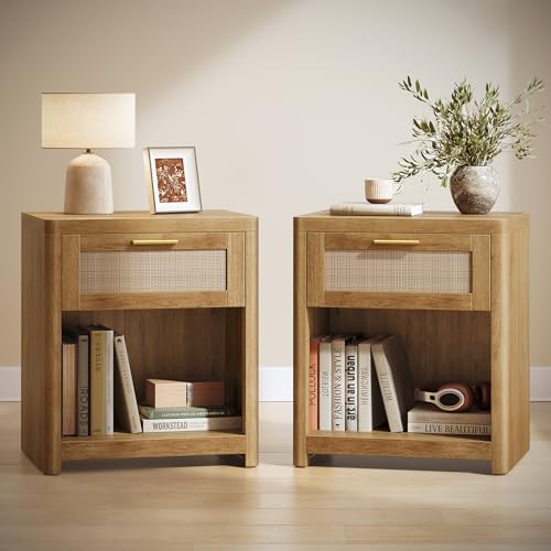 Set of 2 Boho Nightstands with Rattan (2 Count)