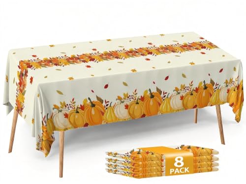 Fall Plastic Tablecloth 8 Packs Thanksgiving Disposable Table Cloth 54x108 Rectangle Table Cover with Pumpkin & Maple Leaf for Holiday Dinner Party Decorations Outdoor Picnic & Baby Showers
