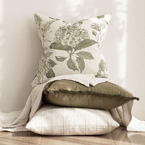 Set of 2 Linen Floral Vintage Throw Pillow Covers Neutral Accent Print Decorative Cushion Covers Farmhouse Home Decor for Sofa Chair Couch Bedroom Living Room (2 Count)