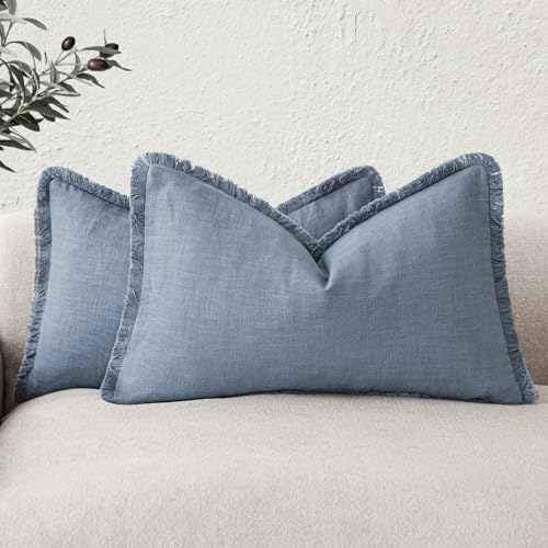 Boho Linen Fringe Lumbar Throw Pillow Covers 12×20 Misty Blue (2 Count)