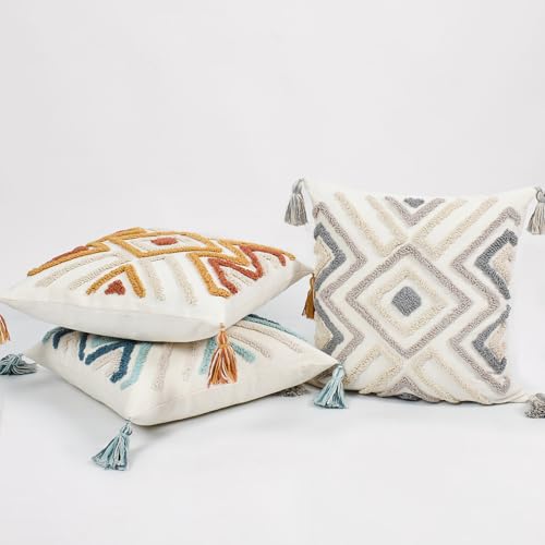 Boho Pillow Covers 18X18 Inch Boho Tufted Throw Pillow Covers Decorative Tassels Cushion Cover Farmhouse Pillow Case for Couch Sofa Bed Living Room Bedroom