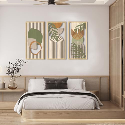 Boho Mid Century Modern Wood Wall Art 16x32 Inch Large Green Abstract Wood Wall Decor Mid Century Bohemian Artwork for Bedroom Living Room Office Kitchen Set of 3