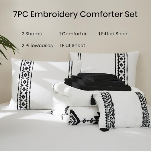 Embroidery Full Size Comforter Set 7 Pieces White Bed in a Bag