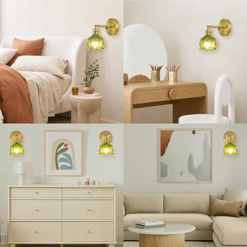 Vintage Wired Wall Sconce Set of 2 Hardwired Wall Light with Green Tulip Glass Shade (2 Count)