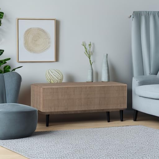 Henn&Hart 48" Fluted Rectangular Low-Profile Coffee Table with Ribbed Sides for Living Room, Family Room, or Office, Antiqued Gray Oak