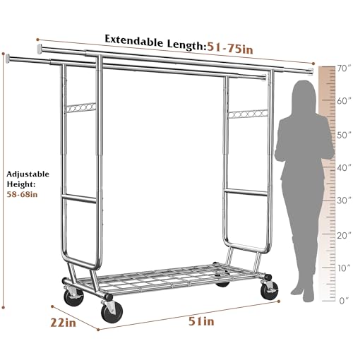 Heavy Duty Clothes Rack 650LBS Double Rods with Shelf Collapsible