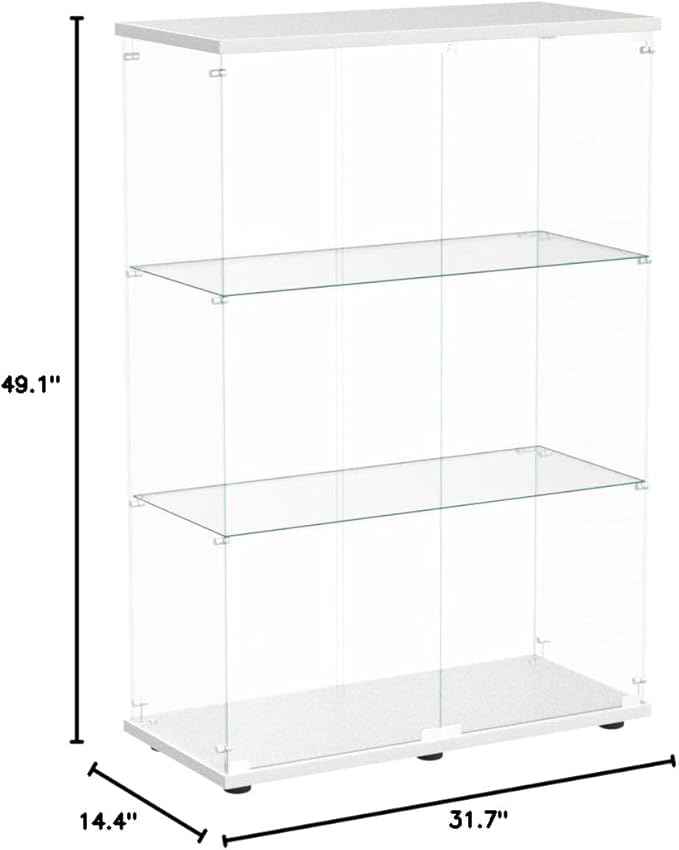 Beauty4U 2-Door Glass Display Cabinet, White Curio Cabinets for Living Room, Bedroom, Office, Collection Display, Quick Installation in 30 Mins, 3 Shelves White Floor Standing Glass Bookshelf