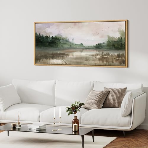Extra Large Framed Canvas Print Wall Art Tranquil Lake Reflections Nature Landscape Illustrations Antique Retro Fine Art Illustrations Decorative Colorful for Bedroom