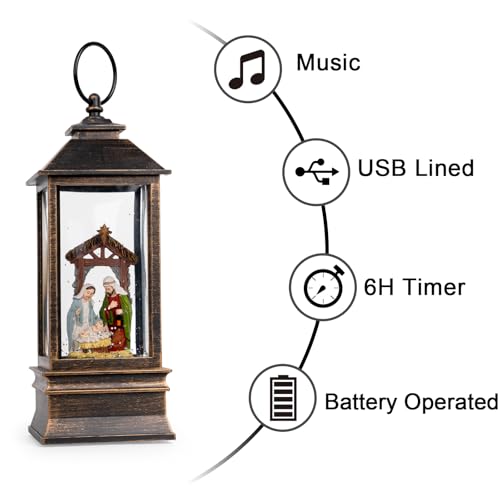 10'' Musical Snow Globe Lantern Lighted Nativity Manger Scene Water Lantern Swirling Glittering Home Decoration and Gift
