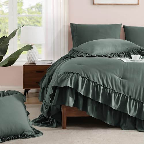 Full Size Comforter Set Forest Green Ruffle 7 Pieces Farmhouse Bed in a Bag