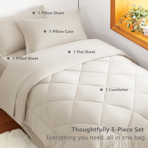 Twin XL Comforter Set with Sheets Beige