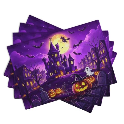 Purple Halloween Placemats Set of 4 Castle Witch Bats Pumpkin Spooky Place Mats Farmhouse Fall Holiday Table Mats for Party Kitchen Dining Outdoor Indoor Decor (4 Count)