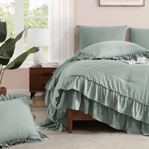 Queen Comforter Set Sage Green Ruffle 7 Pieces Farmhouse Bed in a Bag