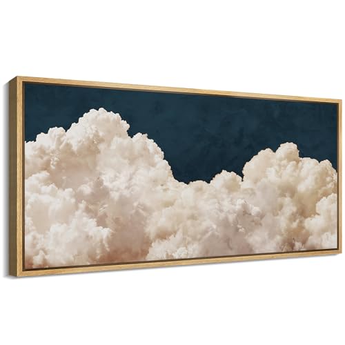Extra Large Framed Canvas Print Wall Art Cumulus Clouds Panoramic Dramatic Skyline Illustrations Antique Retro Fine Art Illustrations Decorative Colorful for Bedroom