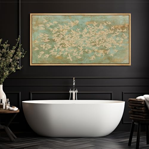 Extra Large Framed Canvas Print Wall Art Rustic Birds in Flight Abstract Pattern Antique Retro Fine Art Illustrations Decorative Colorful for Bedroom