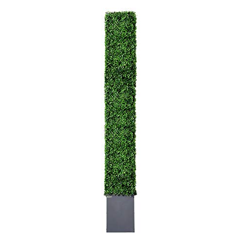 Upgraded Artificial Boxwood Hedge Wall with Dark Grey Stainless Steel Planter Outdoor Backdrop Privacy Screen (32 Sq Ft)