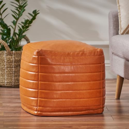 Contemporary Faux Leather Channel Stitch Pouf Ottoman Foot Stool