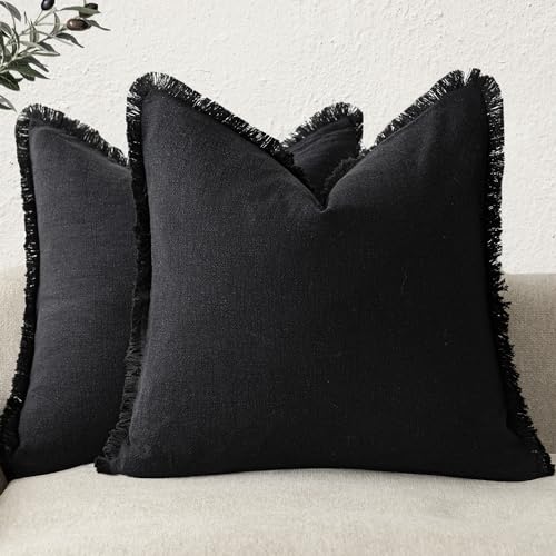 Decorative Linen Fringe Throw Pillow Covers 24×24 Inch (2 Count)