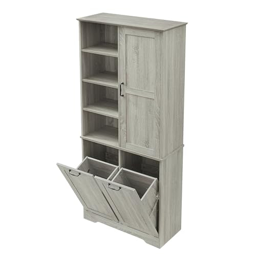 68" Tall Bathroom Storage Cabinet with One Door and Two Laundry Hampers for Home Display Organizer