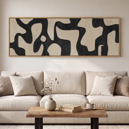 Large Framed Black Beige Abstract Wall Art for Living Room Horizontal 60x20