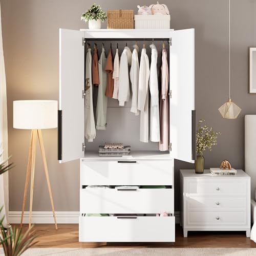 70" Wardrobe Armoire Wooden Closet with 3 Drawers