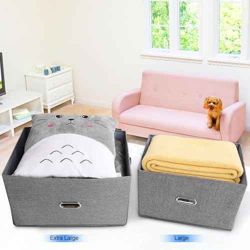 Large Linen Fabric Foldable Storage Bins with Removable Lid and Handles (2 Count)