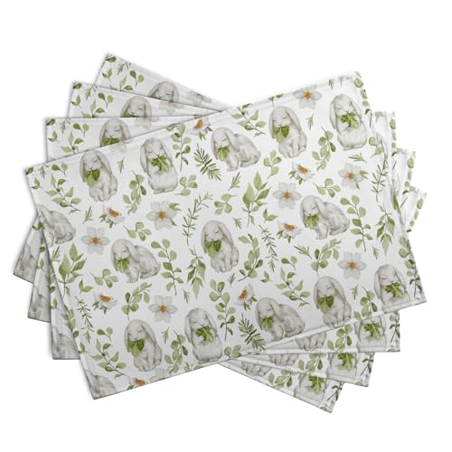 Easter Bunny Rabbits Placemats Set of 4 Easter Spring Green Leaves Flroal Dining Table Placemats 12x18 Inch Heat Resistant Washable Table Mats for Kitchen Dining Holiday Indoor (4 Count)