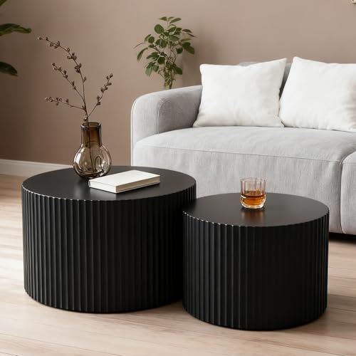 Black Round Fluted Nesting Coffee Table Set of 2