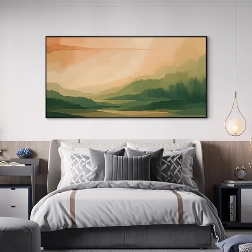 24"x46" Extra Large Framed Wall Art Serene Green Mountains Horizon Landscape Illustration for Home Living Room Bedroom Decor