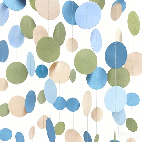 Dusty Blue and Sage Green Beige Polka Dot Garland Olive Green Dusty Blue Cream Nude Hanging Paper Circle Dots Streamer for Birthday Wedding Shower Silly Goose Theme Party Decorations Supplies